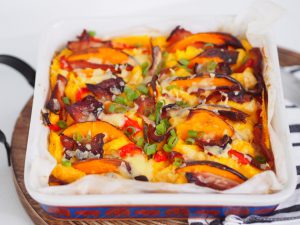 Baked Polenta Slice with Crispy Bacon, Pumpkin and Capsicum